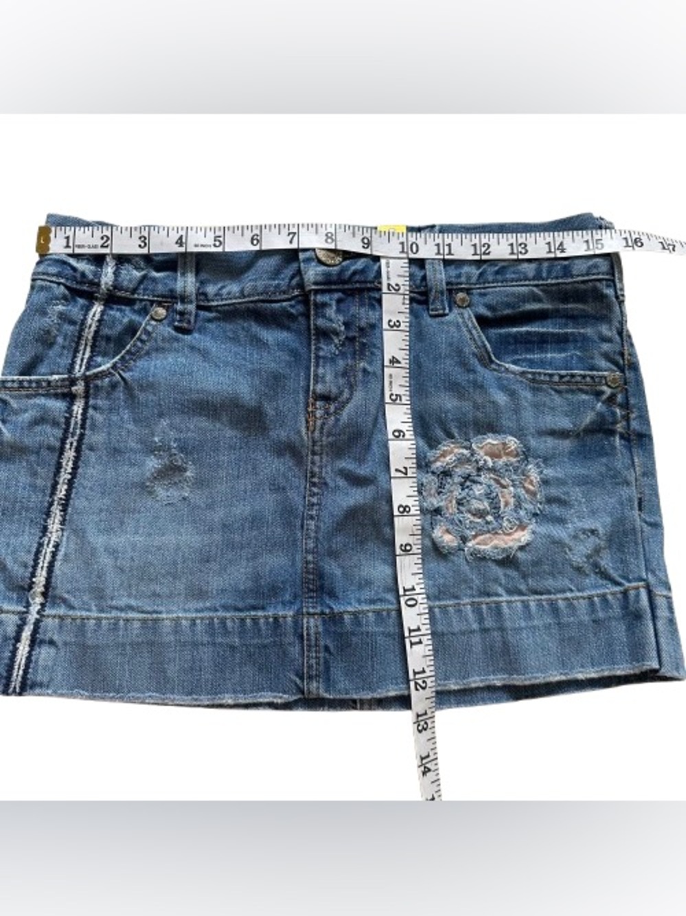 Old Navy Special Edition Blue Distressed Denim Mini Skirt Embroidered Size 2 - Picture 13 of 15